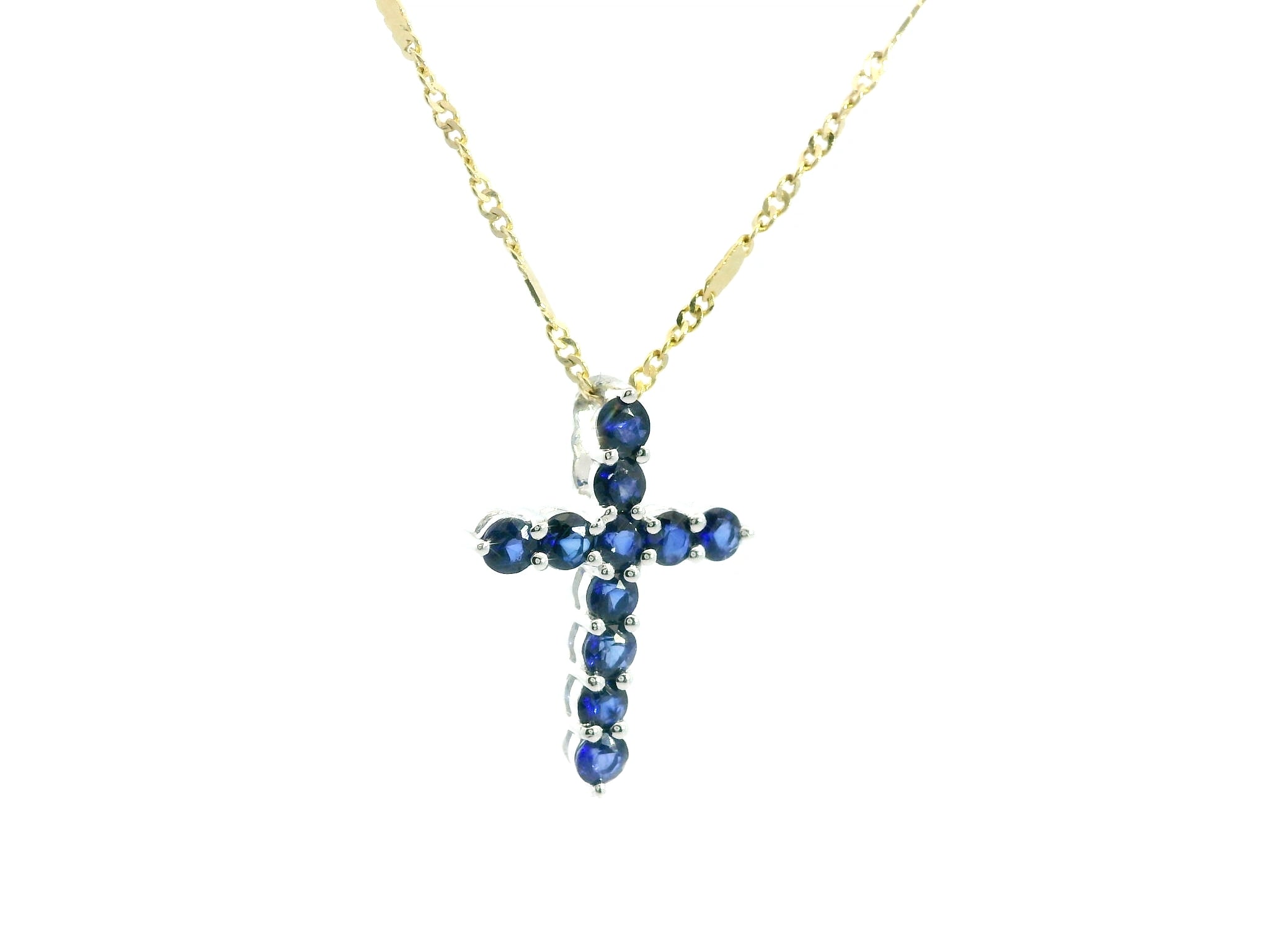 Sapphire Cross Pendant WG 18K WG 0.72 / 0.57 / Yellow Gold Charm Necklace with Deep Blue Sapphire Cross Pendant