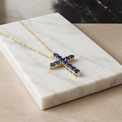 Sapphire Cross Pendant WG 18K WG 0.72 / 0.57 / Yellow Gold Charm Necklace with Deep Blue Sapphire Cross Pendant