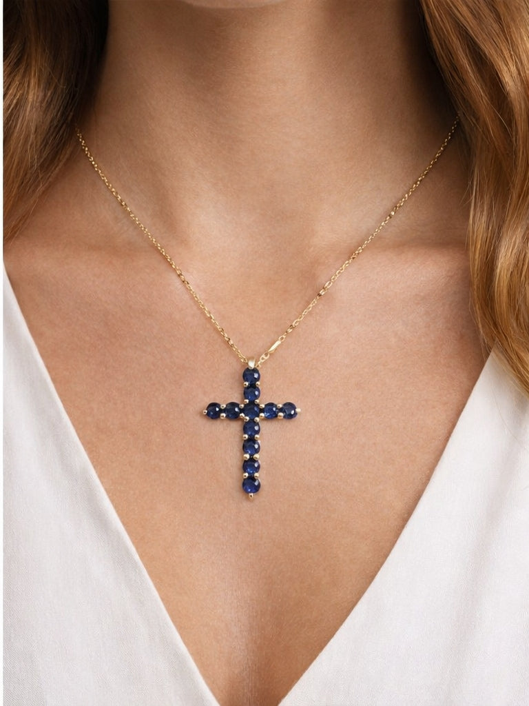 Sapphire Cross Pendant WG 18K WG 0.72 / 0.57 / Yellow Gold Charm Necklace with Deep Blue Sapphire Cross Pendant
