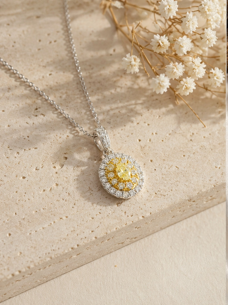 W&Y Gold Oval Diamond Necklace 18K YWG 1.29 / D 0.36 / Fancy Oval Yellow Diamond Halo Necklace in White Gold