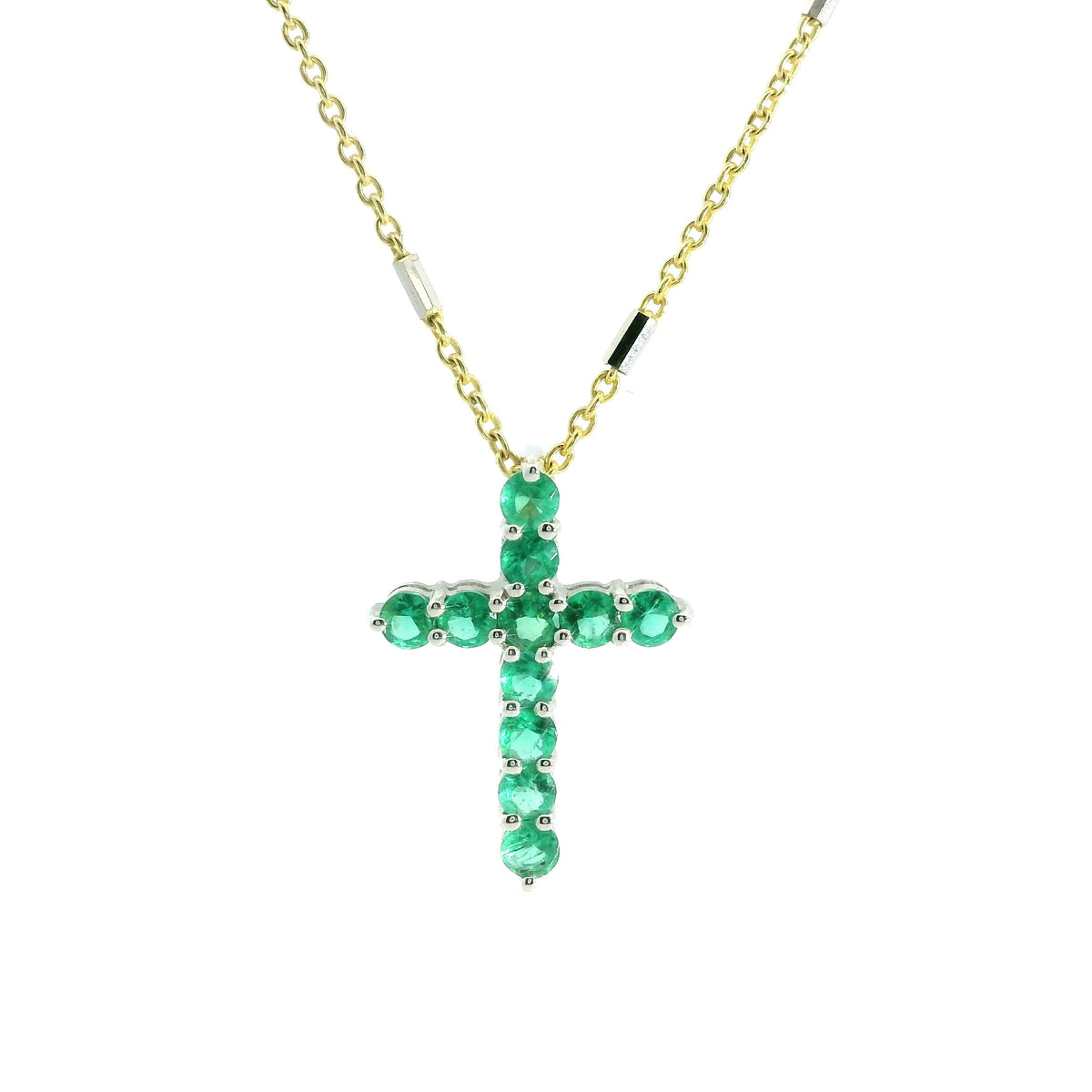 Emerald Cross Pendant WG 18K WG 0.71 / 0.42 / Emerald Cross Pendant on Yellow Gold Charm Necklace