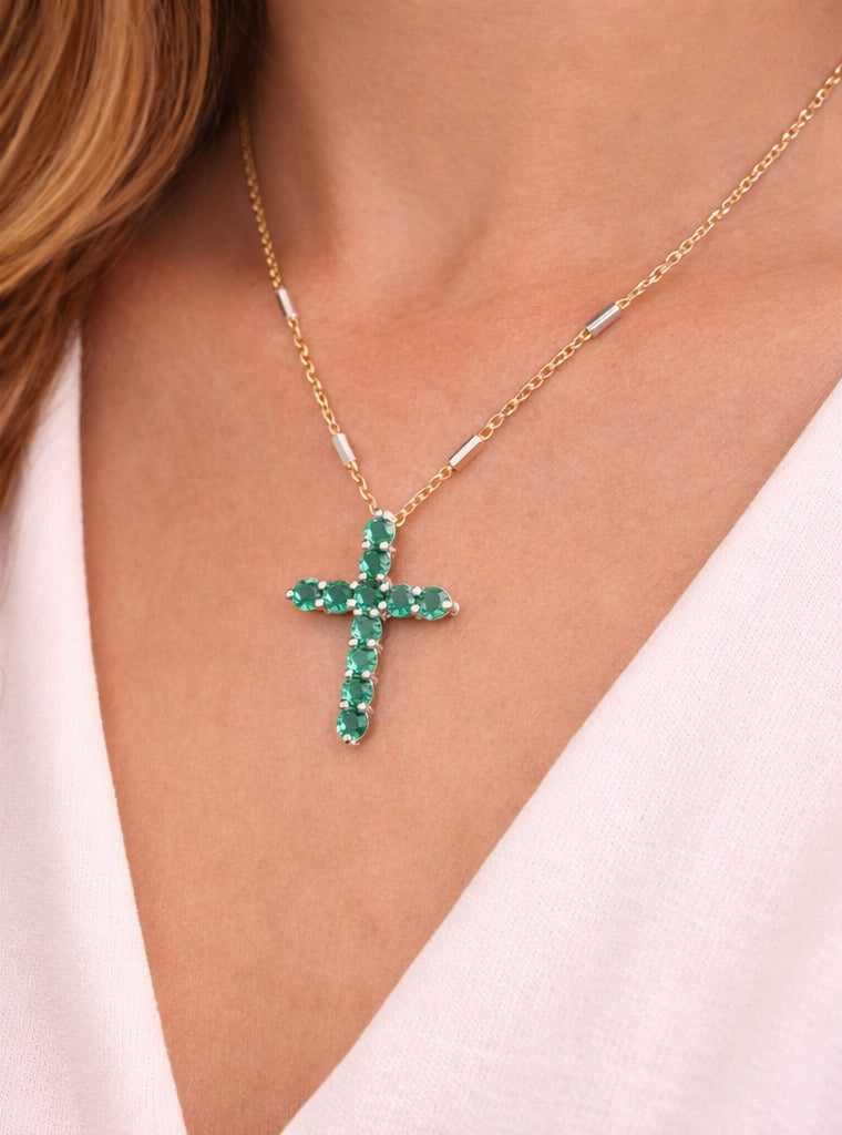 Emerald Cross Pendant WG 18K WG 0.71 / 0.42 / Emerald Cross Pendant on Yellow Gold Charm Necklace
