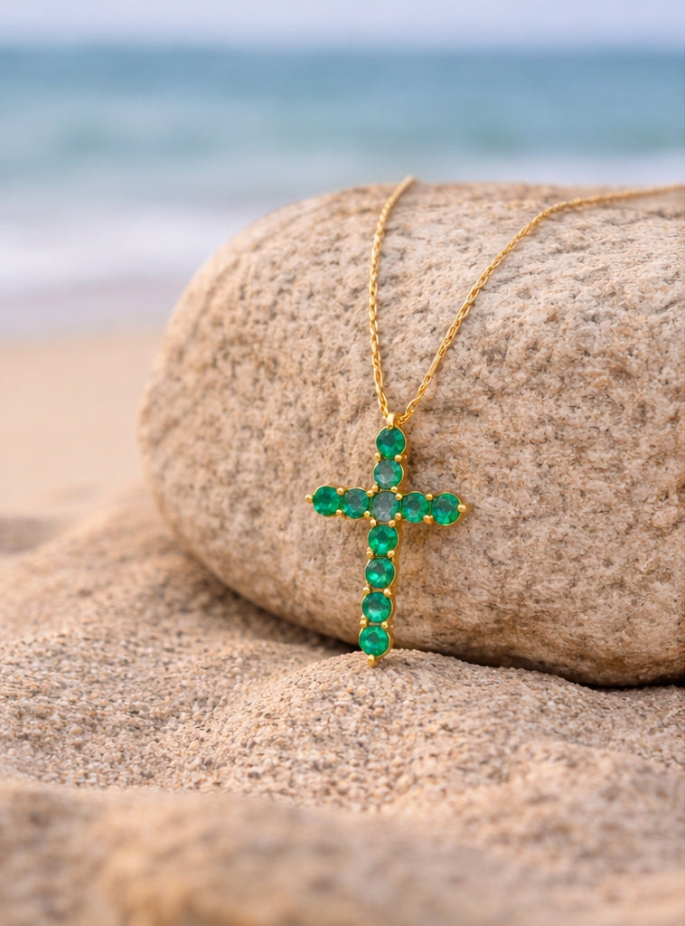 Emerald Cross Pendant YG 18K YG 0.71 / 0.42 / Yellow Gold Charm Necklace with Emerald Cross Pendant