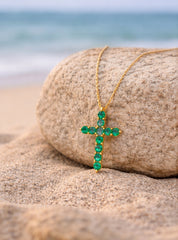 Emerald Cross Pendant YG 18K YG 0.71 / 0.42 / Yellow Gold Charm Necklace with Emerald Cross Pendant
