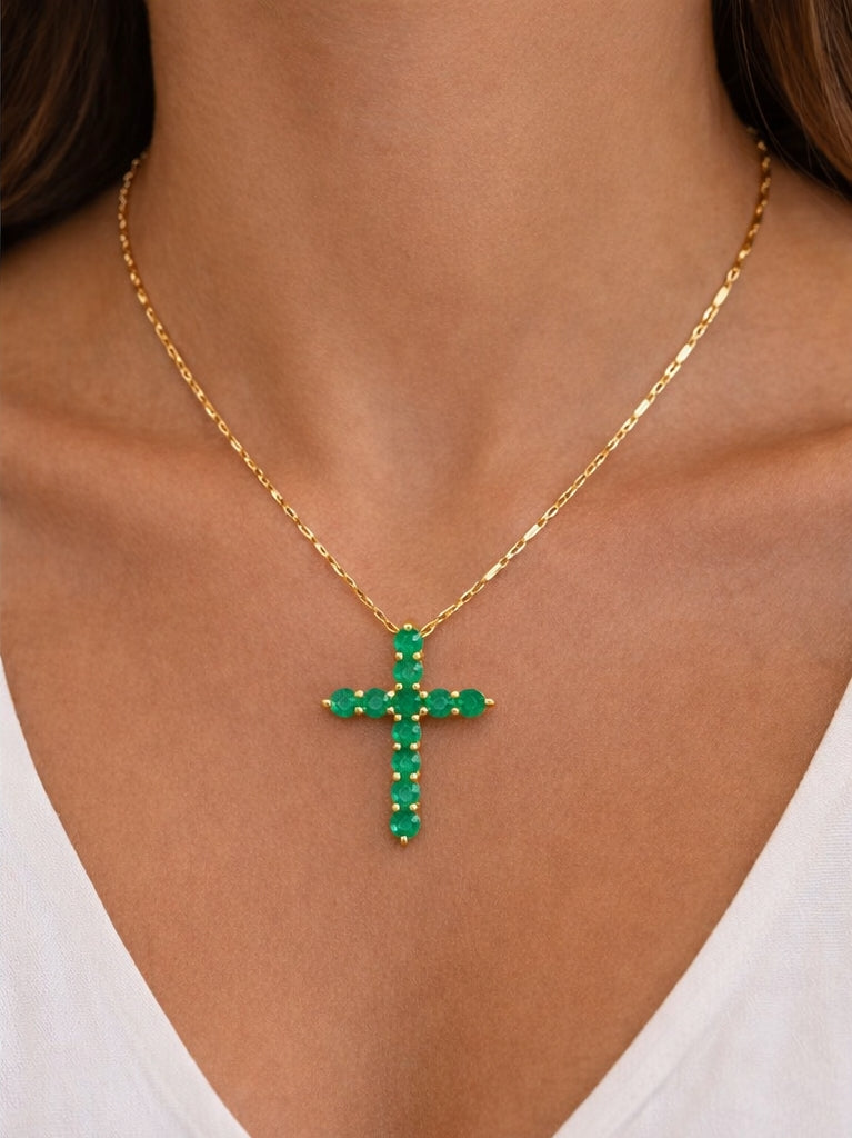 Emerald Cross Pendant YG 18K YG 0.71 / 0.42 / Yellow Gold Charm Necklace with Emerald Cross Pendant