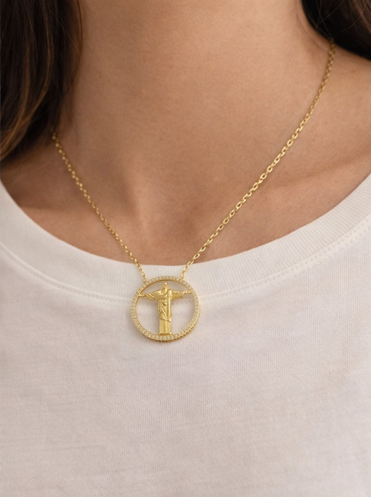 Christ the Redeemer Medal Necklace YG 18K YG 7.40 / D 0.22 / Yellow Gold Charm Necklace with Round Cut Diamond Pendant