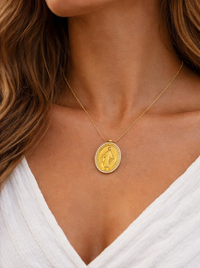 Milagrosa Diamonds Medal Necklace YG 18K YG 8.09 / D 0.34 / Yellow Gold Religious Charm Necklace with Round Cut Diamonds