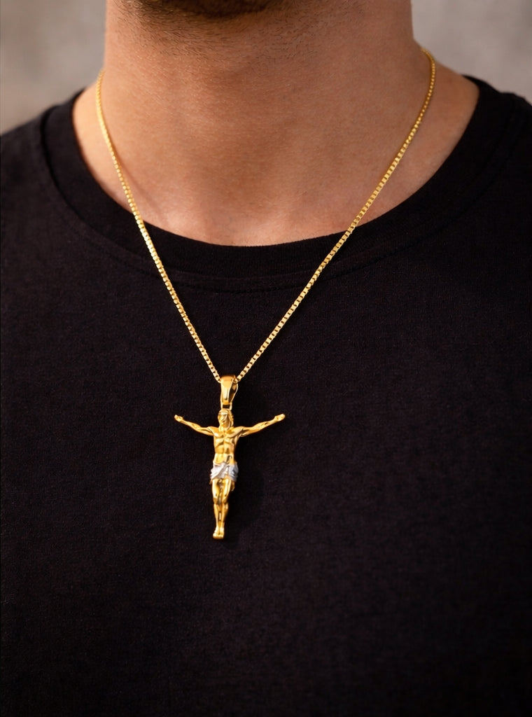 Tiny Cross with Christ Small Pendant 18K YG / Classic Yellow Gold High-Polish Link Chain