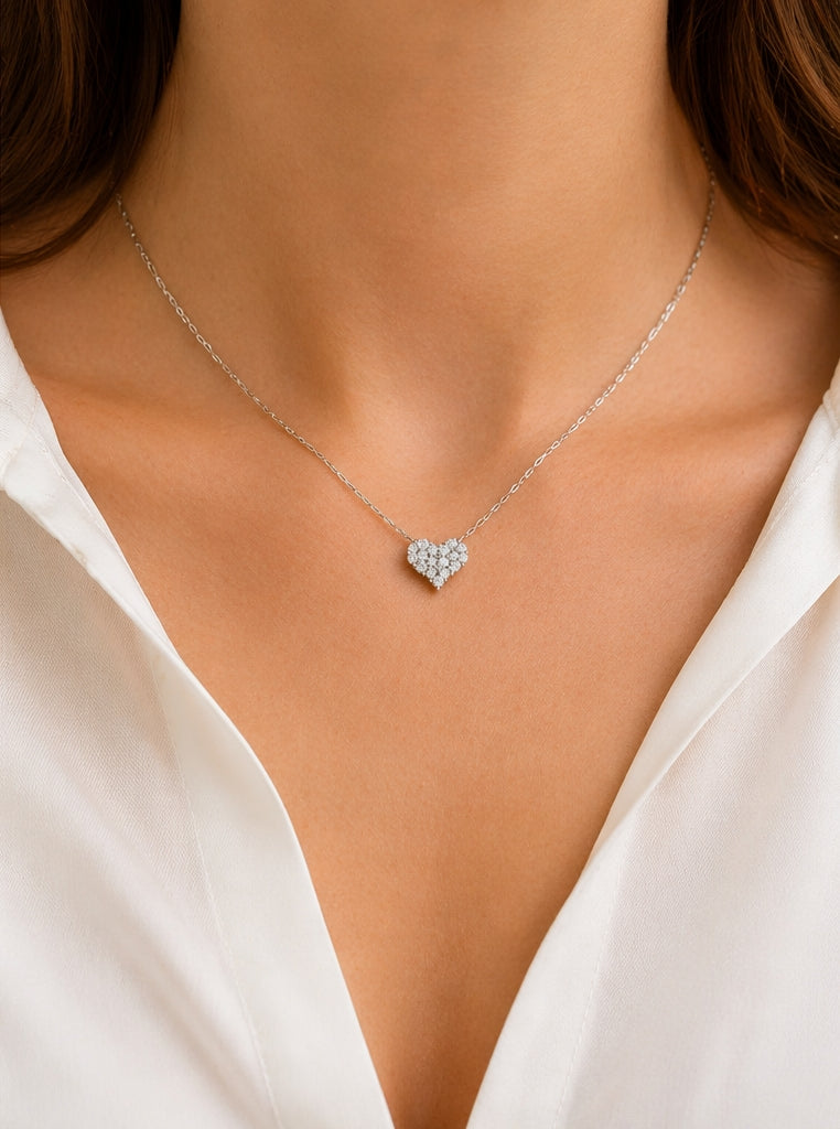 Small Heart Diamonds Necklace 18K WG 2.18 / D 0.31 / White Gold Plated Silver Diamond Heart Pendant Necklace
