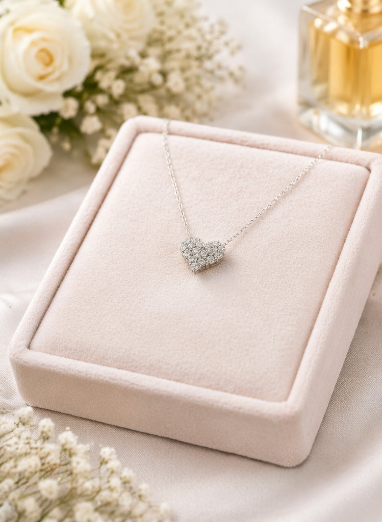 Small Heart Diamonds Necklace 18K WG 2.18 / D 0.31 / White Gold Plated Silver Diamond Heart Pendant Necklace
