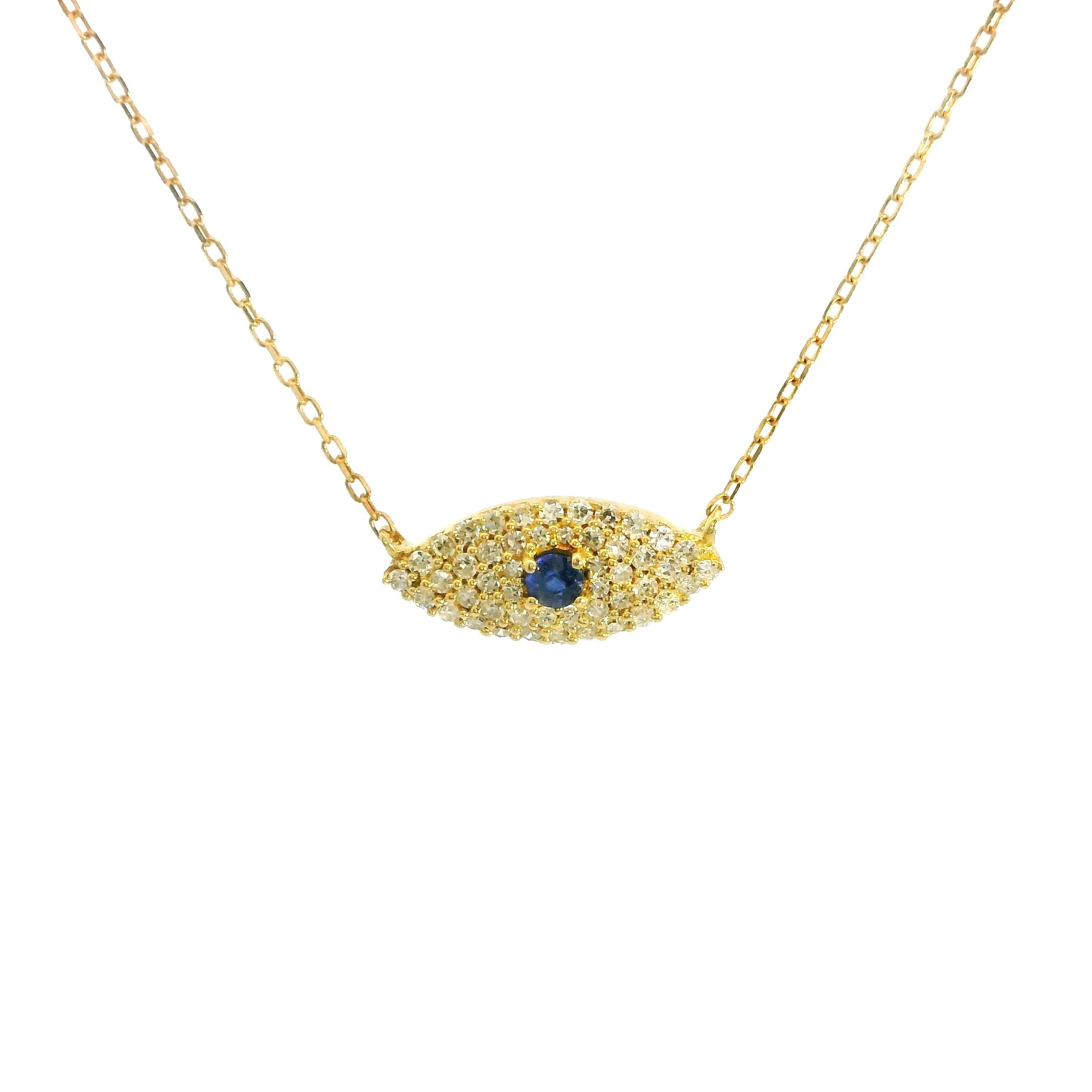 Sapphire and Diamonds Turkish Eye Necklace 18K YG 1.01 / D 0.14 / 0.03 / Yellow Gold Charm Necklace with Deep Blue Sapphire