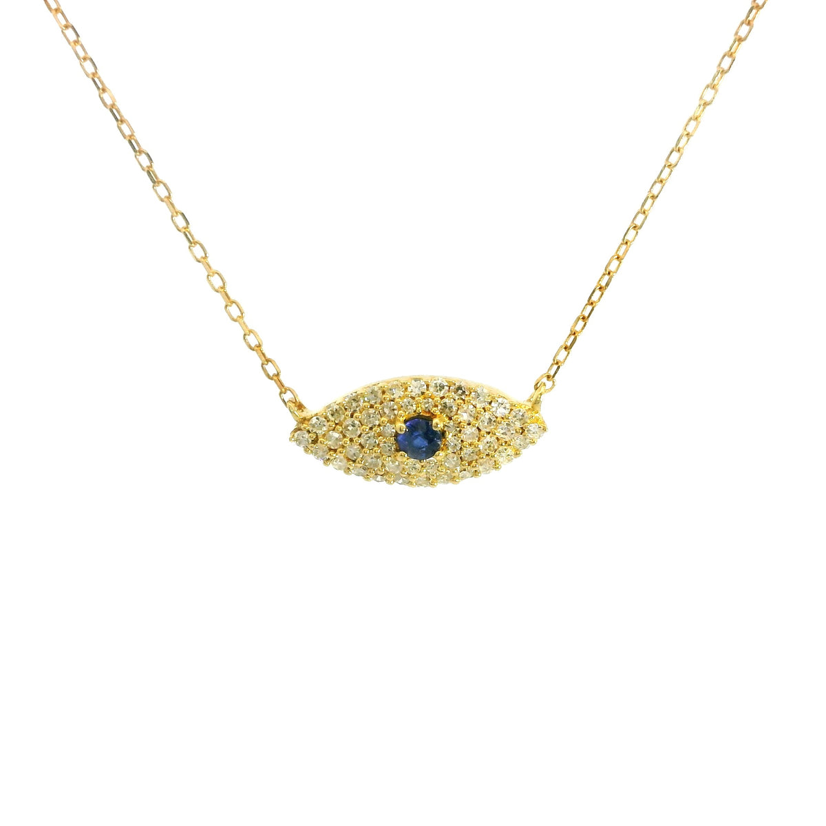 Sapphire and Diamonds Turkish Eye Necklace 18K YG 1.01 / D 0.14 / 0.03 / Yellow Gold Charm Necklace with Deep Blue Sapphire