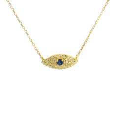 Sapphire and Diamonds Turkish Eye Necklace 18K YG 1.01 / D 0.14 / 0.03 / Yellow Gold Charm Necklace with Deep Blue Sapphire