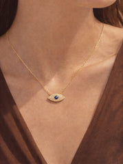 Sapphire and Diamonds Turkish Eye Necklace 18K YG 1.01 / D 0.14 / 0.03 / Yellow Gold Charm Necklace with Deep Blue Sapphire
