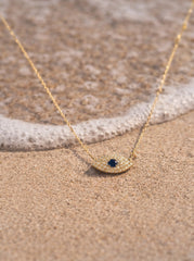 Sapphire and Diamonds Turkish Eye Necklace 18K YG 1.01 / D 0.14 / 0.03 / Yellow Gold Charm Necklace with Deep Blue Sapphire