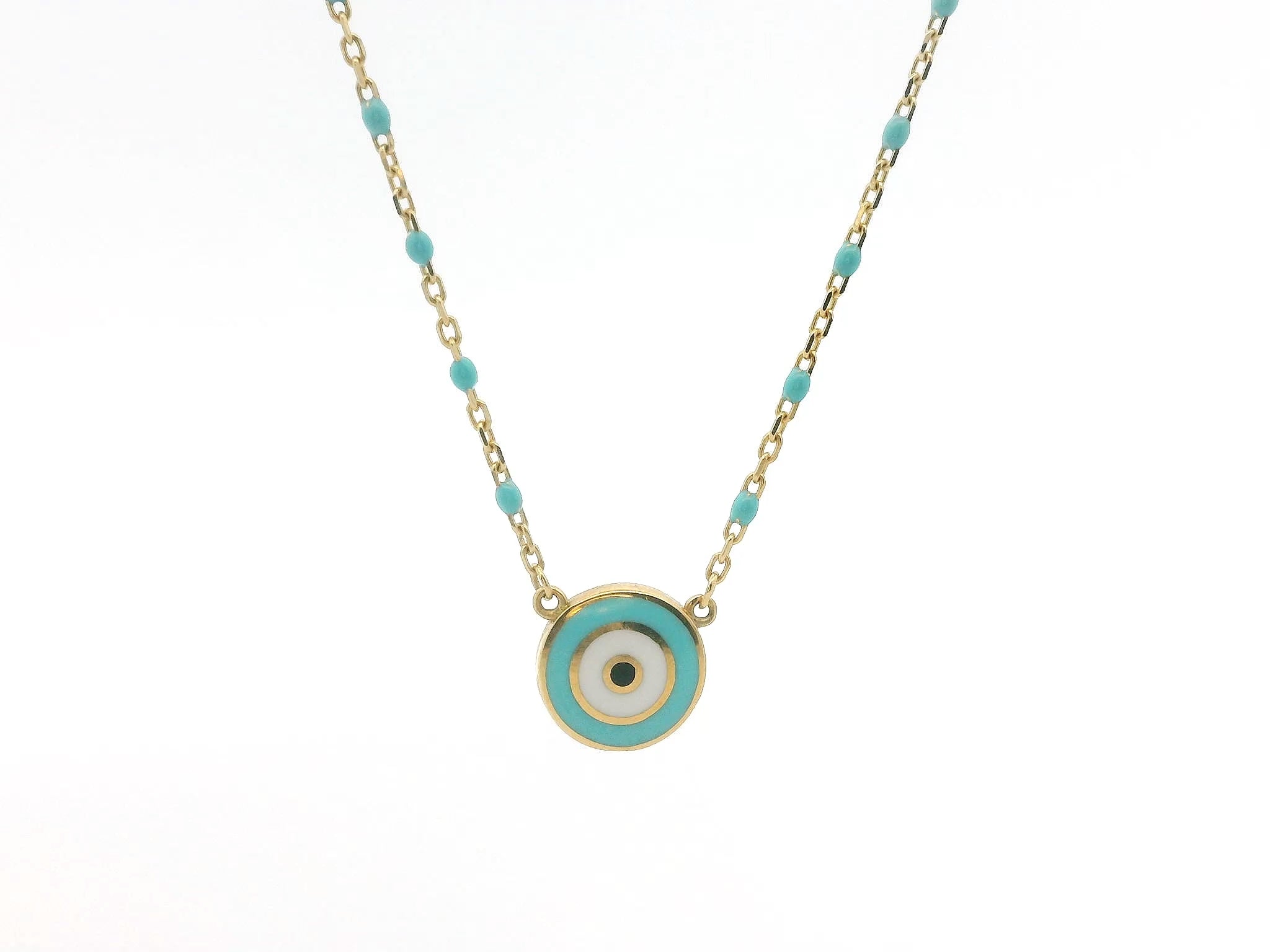 Turkish Eye Light blue Necklace 18K YG 2,8 / 18k Yellow Gold Round Cabochon Turquoise Charm Necklace