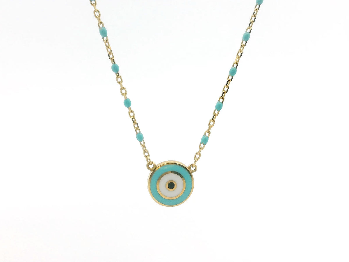 Turkish Eye Light blue Necklace 18K YG 2,8 / 18k Yellow Gold Round Cabochon Turquoise Charm Necklace