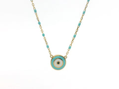 Turkish Eye Light blue Necklace 18K YG 2,8 / 18k Yellow Gold Round Cabochon Turquoise Charm Necklace