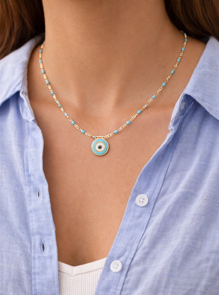 Turkish Eye Light blue Necklace 18K YG 2,8 / 18k Yellow Gold Round Cabochon Turquoise Charm Necklace