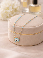 Turkish Eye Light blue Necklace 18K YG 2,8 / 18k Yellow Gold Round Cabochon Turquoise Charm Necklace