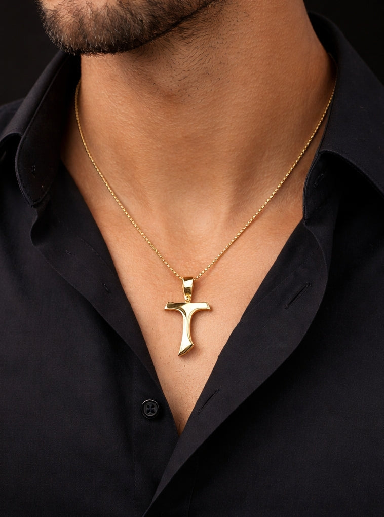 T Medium Cross 3YG / Solid 18K Yellow Gold Cuban Link Chain Necklace