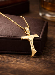 T Medium Cross 3YG / Solid 18K Yellow Gold Cuban Link Chain Necklace