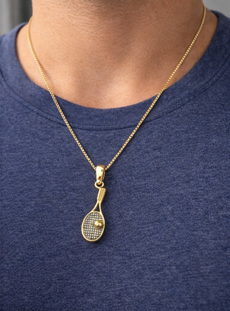 Tennis Racket Pendant 18K YG 2,5 / Elegant Yellow Gold Sunburst Charm Necklace
