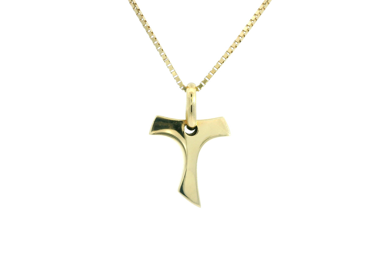 T Tiny Cross 18K YG 1,4 / Minimalist 14K Yellow Gold Round Disc Charm Necklace