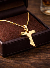 T Tiny Cross 18K YG 1,4 / Minimalist 14K Yellow Gold Round Disc Charm Necklace