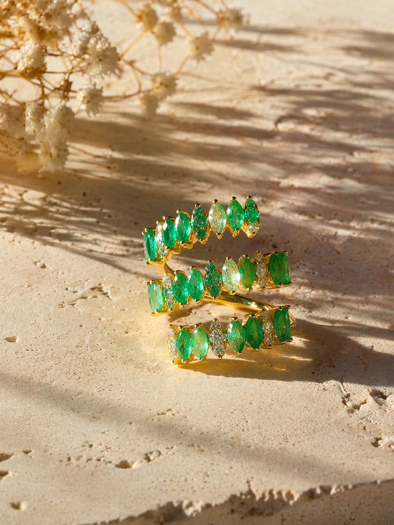 3R Marquise Emerald Diamonds Ring YG 7" 18K YG 6 / D 0.56 / E 2.52 / Yellow Gold Multistone Ring with Marquise Emeralds
