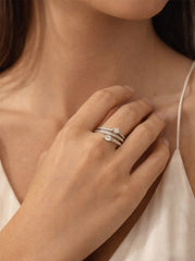 Double Snake Diamonds Ring 18K WG 3.68 / D 0.77 / White Gold Plated Silver Multistone Ring with Oval Cut Diamonds