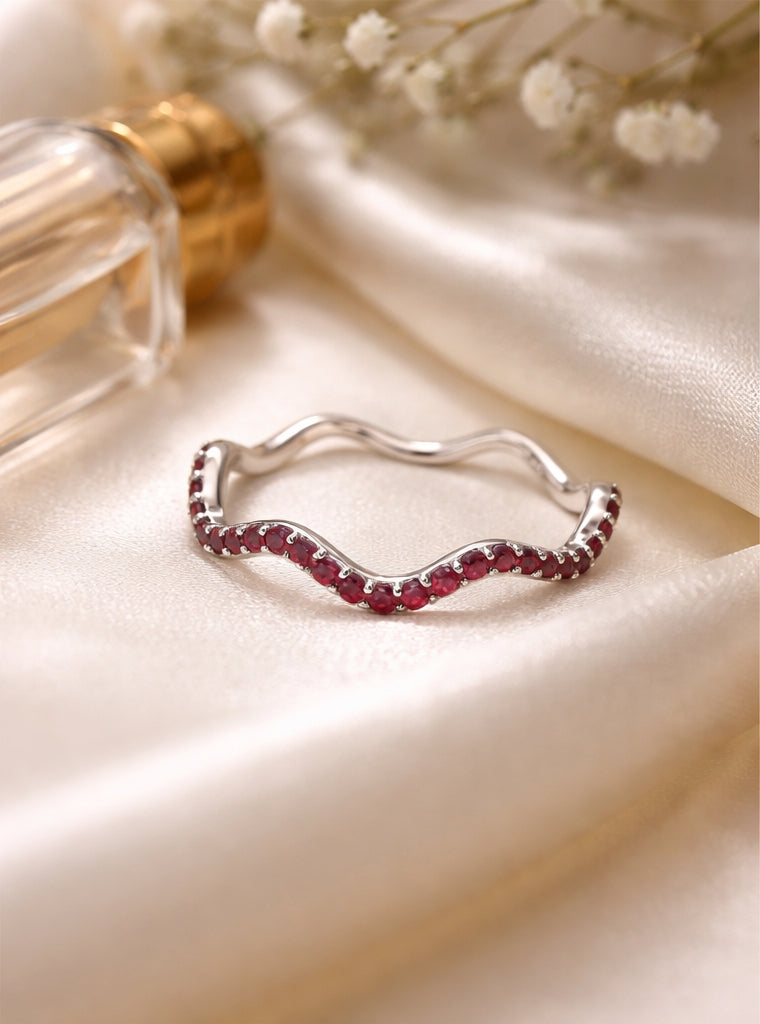 Curly Ruby Ring 18K WG 1.72 / 0.31 / Minimalist Round Brilliant Cut Ruby Stackable Ring in Polished White Gold