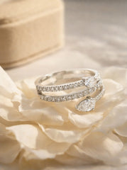 Double Snake Diamonds Ring 18K WG 3.68 / D 0.77 / White Gold Plated Silver Multistone Ring with Oval Cut Diamonds