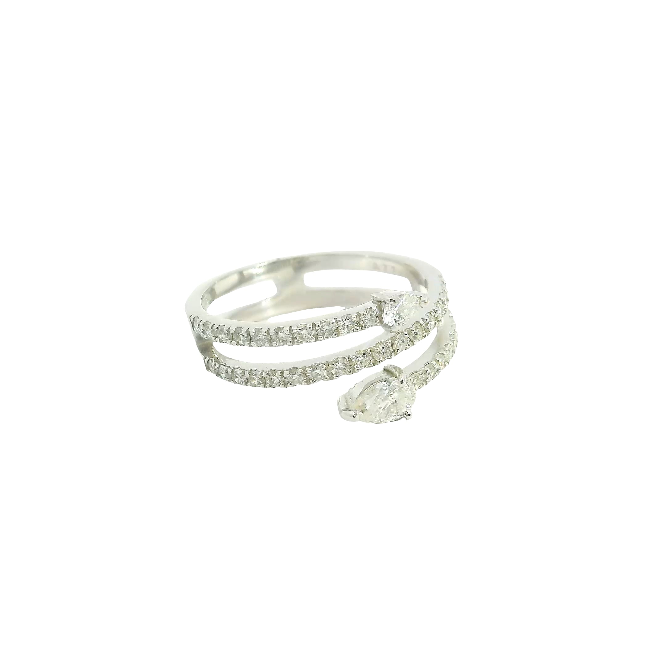 Double Snake Diamonds Ring 18K WG 3.68 / D 0.77 / White Gold Plated Silver Multistone Ring with Oval Cut Diamonds