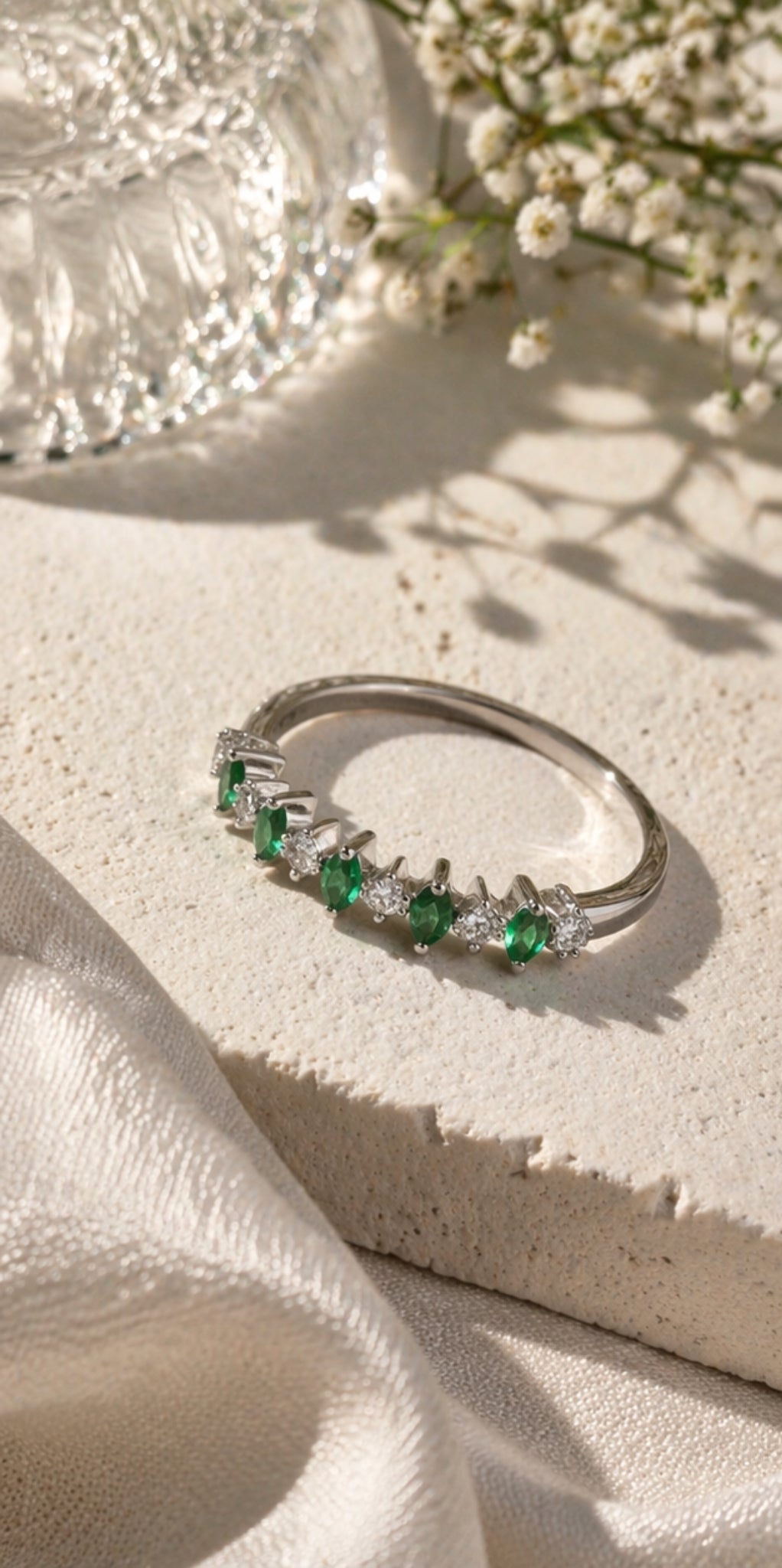 Marquise Emerald Diamonds Ring 18K YG 2.30 / D 0.16 / 0.25 / Marquise Cut Green Emerald Stackable Ring in Polished White Gold