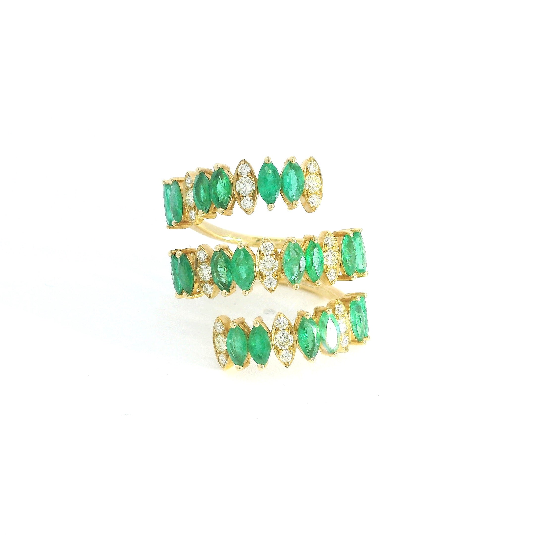 3R Marquise Emerald Diamonds Ring YG 7" 18K YG 6 / D 0.56 / E 2.52 / Yellow Gold Multistone Ring with Marquise Emeralds