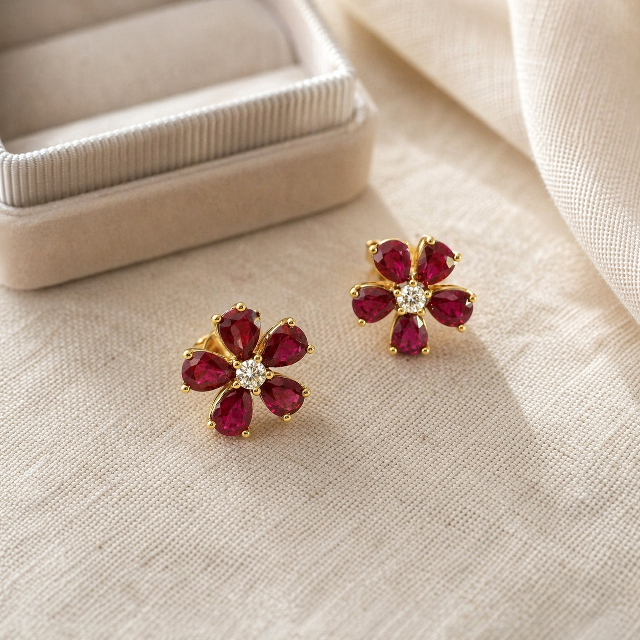 Ruby Flower Diamond Stud Earring 18K YG 2.02 / D 0.11 / 1.58 / Pigeon Blood Pear-Cut Ruby and Brilliant Round Diamond Stud Earrings in Yellow Gold