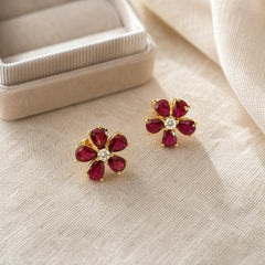 Ruby Flower Diamond Stud Earring 18K YG 2.02 / D 0.11 / 1.58 / Pigeon Blood Pear-Cut Ruby and Brilliant Round Diamond Stud Earrings in Yellow Gold