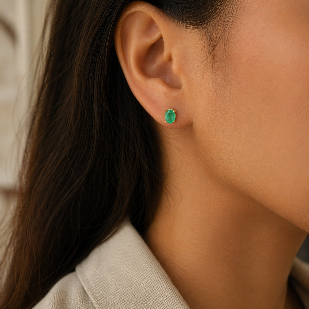 Oval Emerald Stud Earring 137YG 18K YG 1.25 / 1.37 / Classic Oval Brilliant-Cut Green Emerald Stud Earrings in Yellow Gold