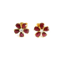 Ruby Flower Diamond Stud Earring 18K YG 2.02 / D 0.11 / 1.58 / Pigeon Blood Pear-Cut Ruby and Brilliant Round Diamond Stud Earrings in Yellow Gold