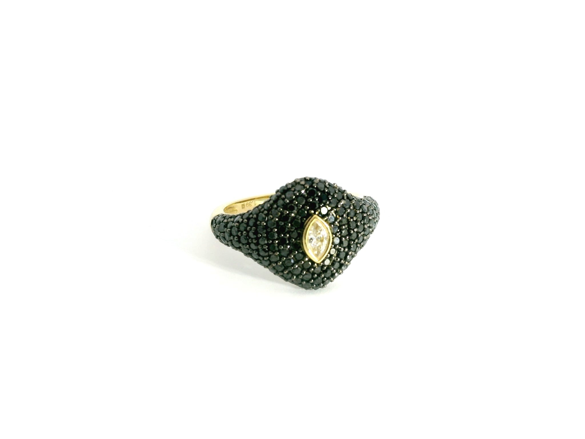Eye Full Black Diamonds Ring 18K YG 4.59 / D 1.39 / Marquise Brilliant Diamond Bezel Set Yellow Gold Signet Ring