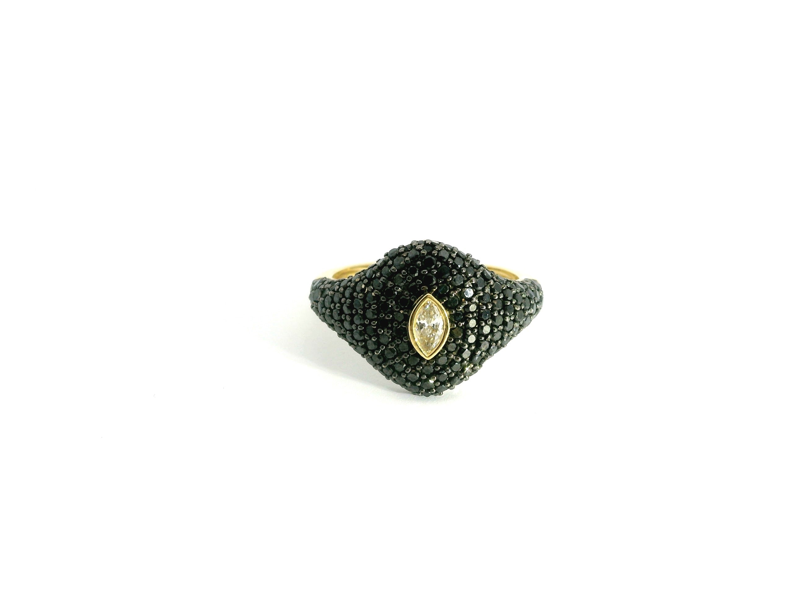 Eye Full Black Diamonds Ring 18K YG 4.59 / D 1.39 / Marquise Brilliant Diamond Bezel Set Yellow Gold Signet Ring