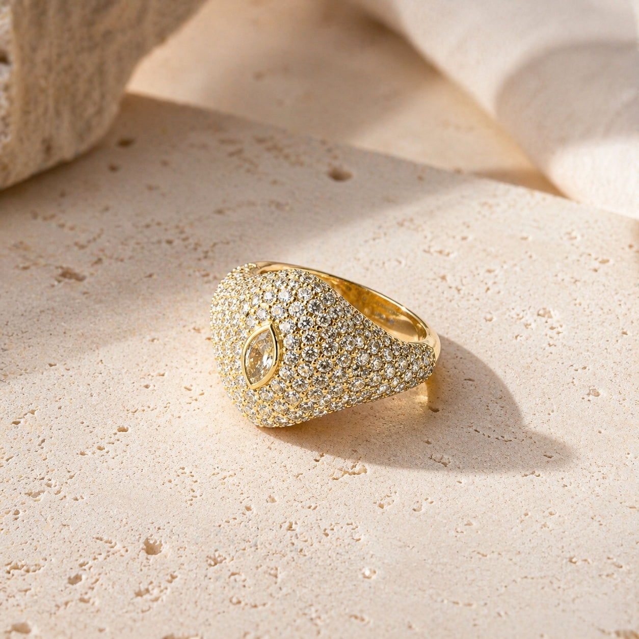 Eye Full Diamonds Ring 18K YG 4.77 / D 1.24 / Marquise Brilliant Fancy Yellow Diamond Signet Ring in Yellow Gold