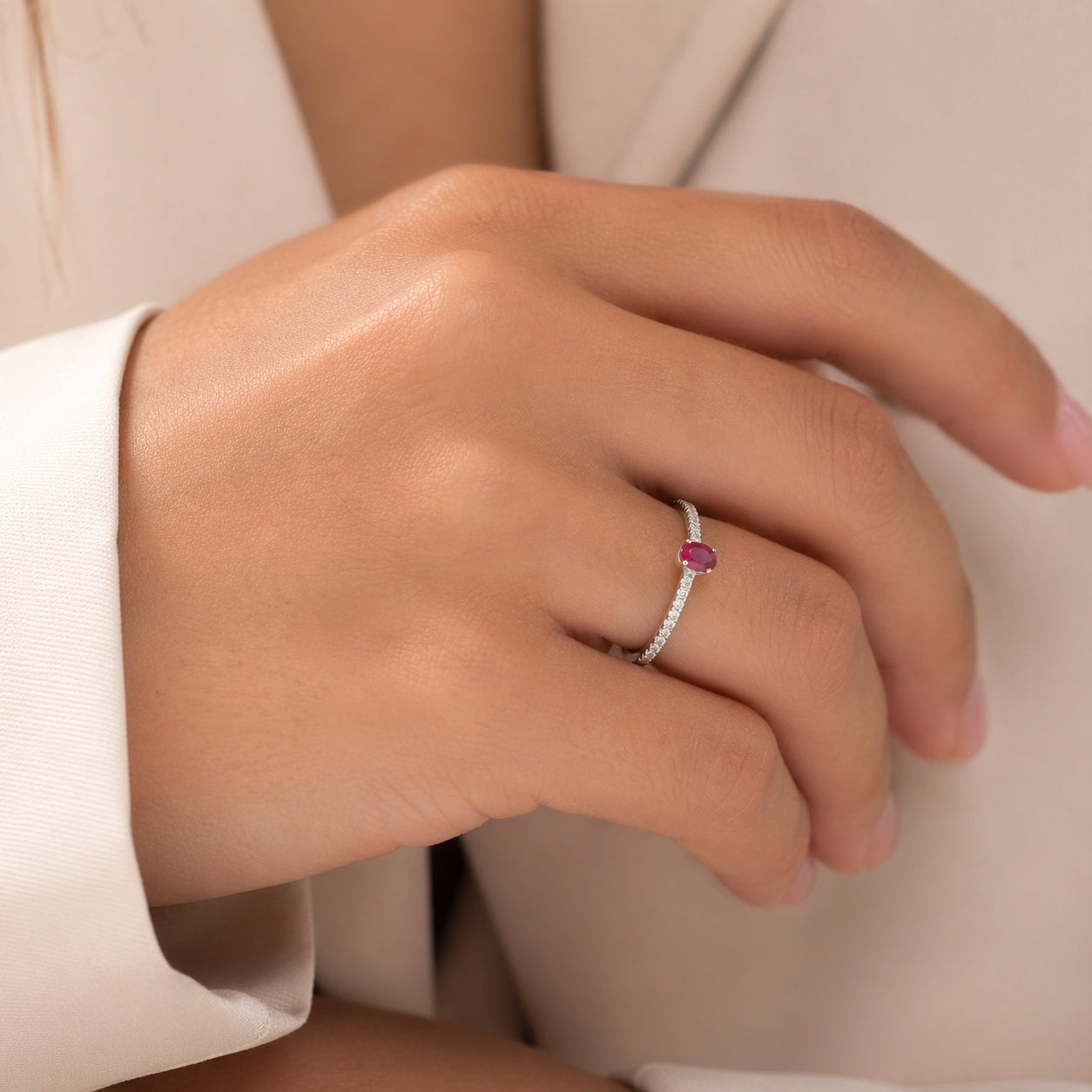 Ruby Oval Diamond Ring Size 6.25 18K WG 1.55 / D 0.14 / 0.60 / Oval Brilliant Cut Ruby Solitaire Ring in Polished White Gold