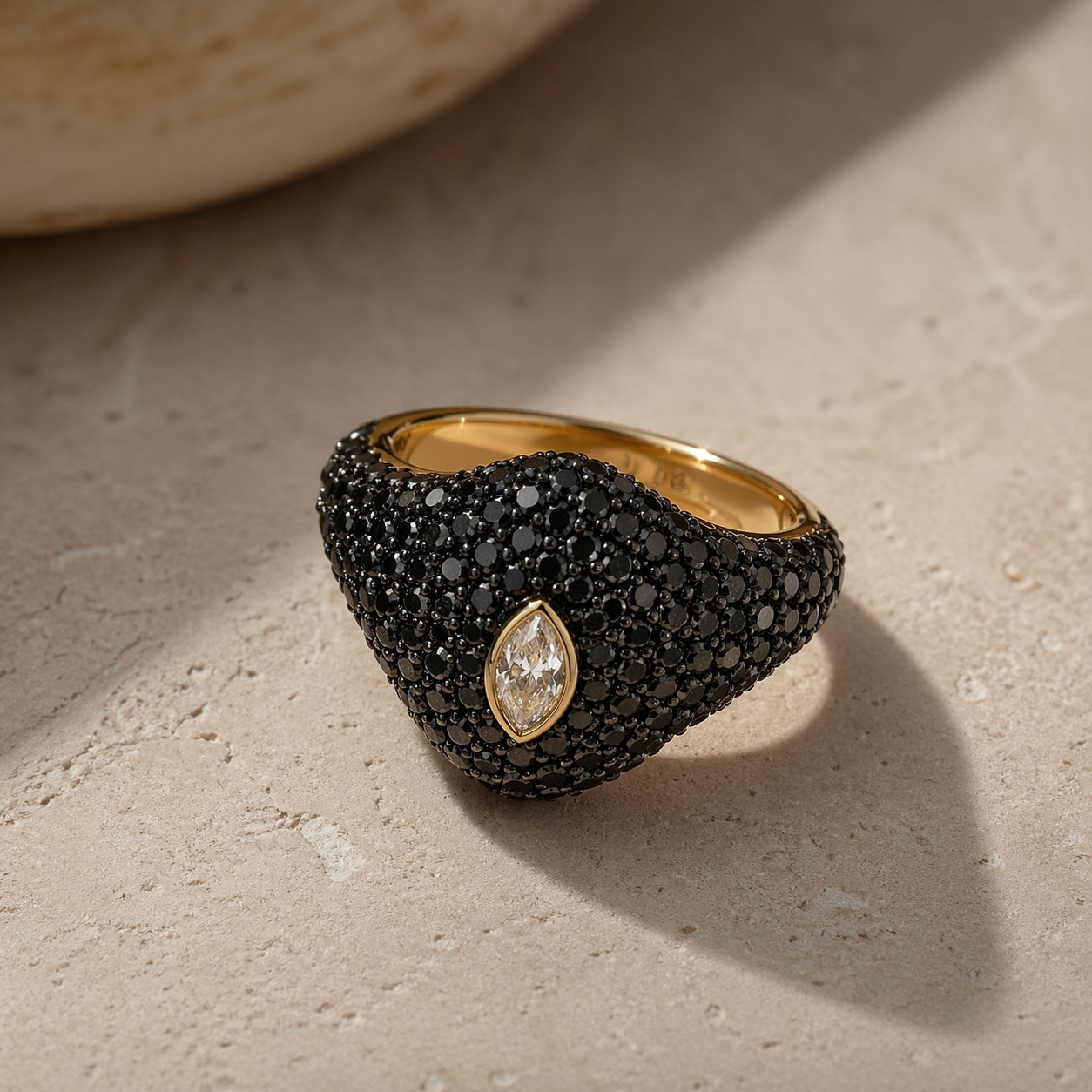 Eye Full Black Diamonds Ring 18K YG 4.59 / D 1.39 / Marquise Brilliant Diamond Bezel Set Yellow Gold Signet Ring