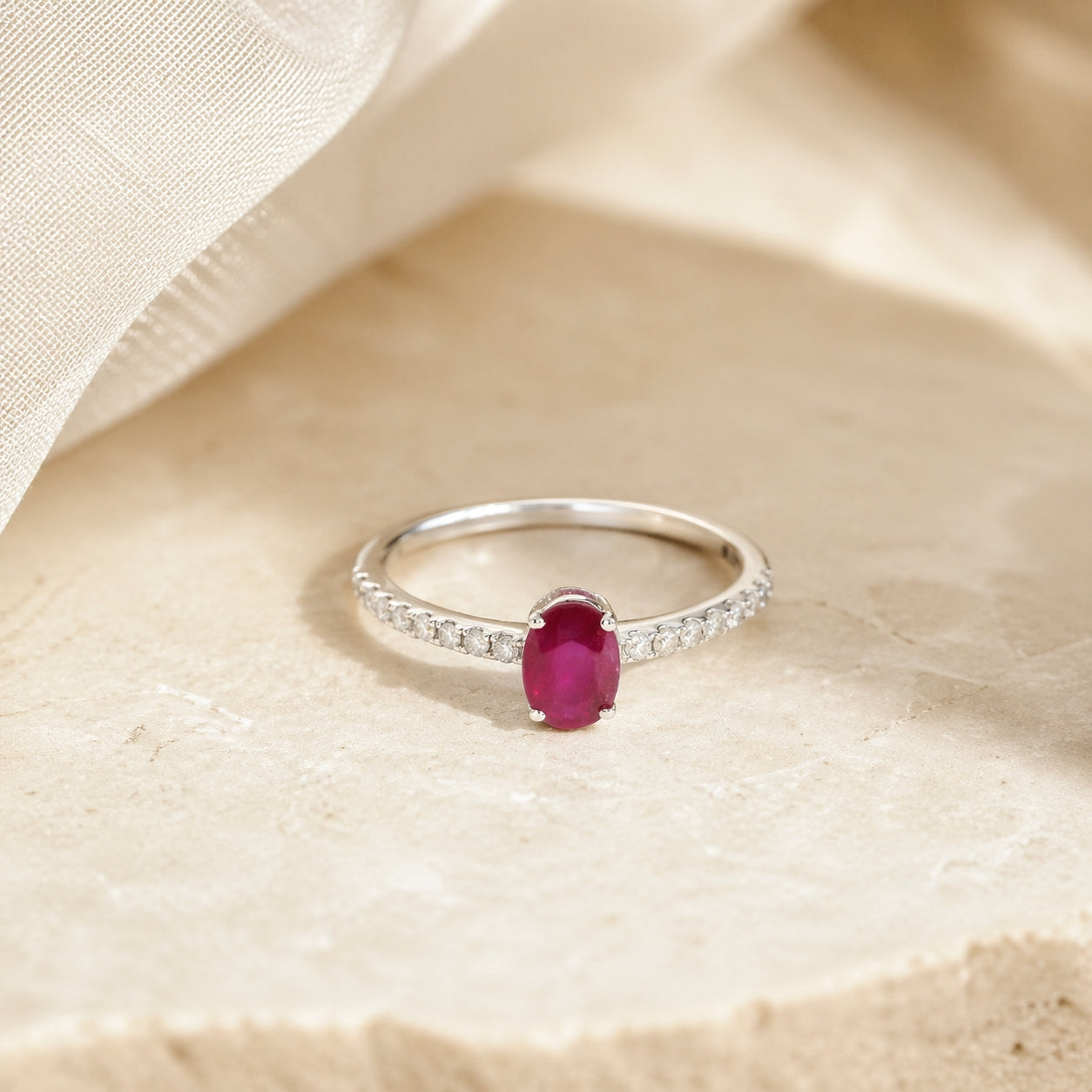 Ruby Oval Diamond Ring Size 6.25 18K WG 1.55 / D 0.14 / 0.60 / Oval Brilliant Cut Ruby Solitaire Ring in Polished White Gold