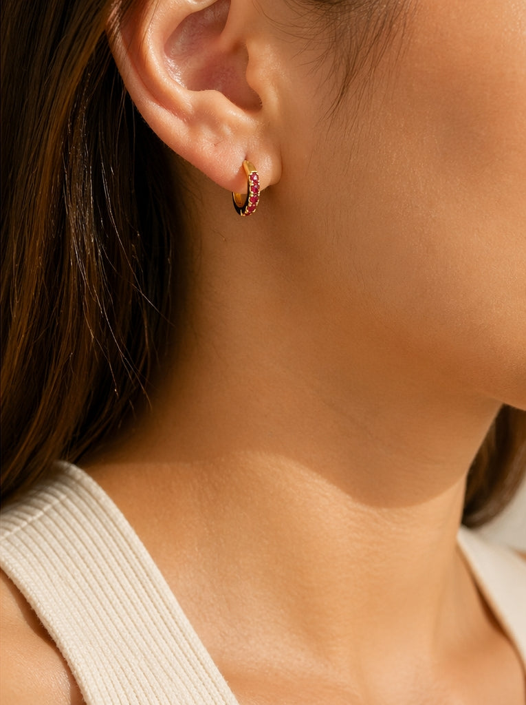 Ruby Mini Hoops 18K YG 1.33 / 0.22 / Sophisticated Yellow Gold Hoop Earrings with Round Brilliant Cut Red Rubies