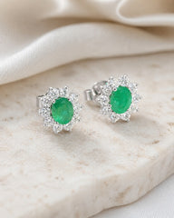 Oval Emerald Diamonds Flower Earring 18K WG 1.27 / D 0.51 / 0.59 / Oval Green Emerald and Round Brilliant Diamond Stud Earrings in White Gold