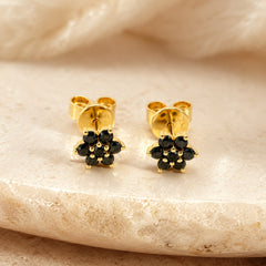 Black Diamond Flower Earring 18K YG 1.70 / D 0.34 / Fancy Dark Black Diamond Round Brilliant Stud Earrings in 18k Yellow Gold