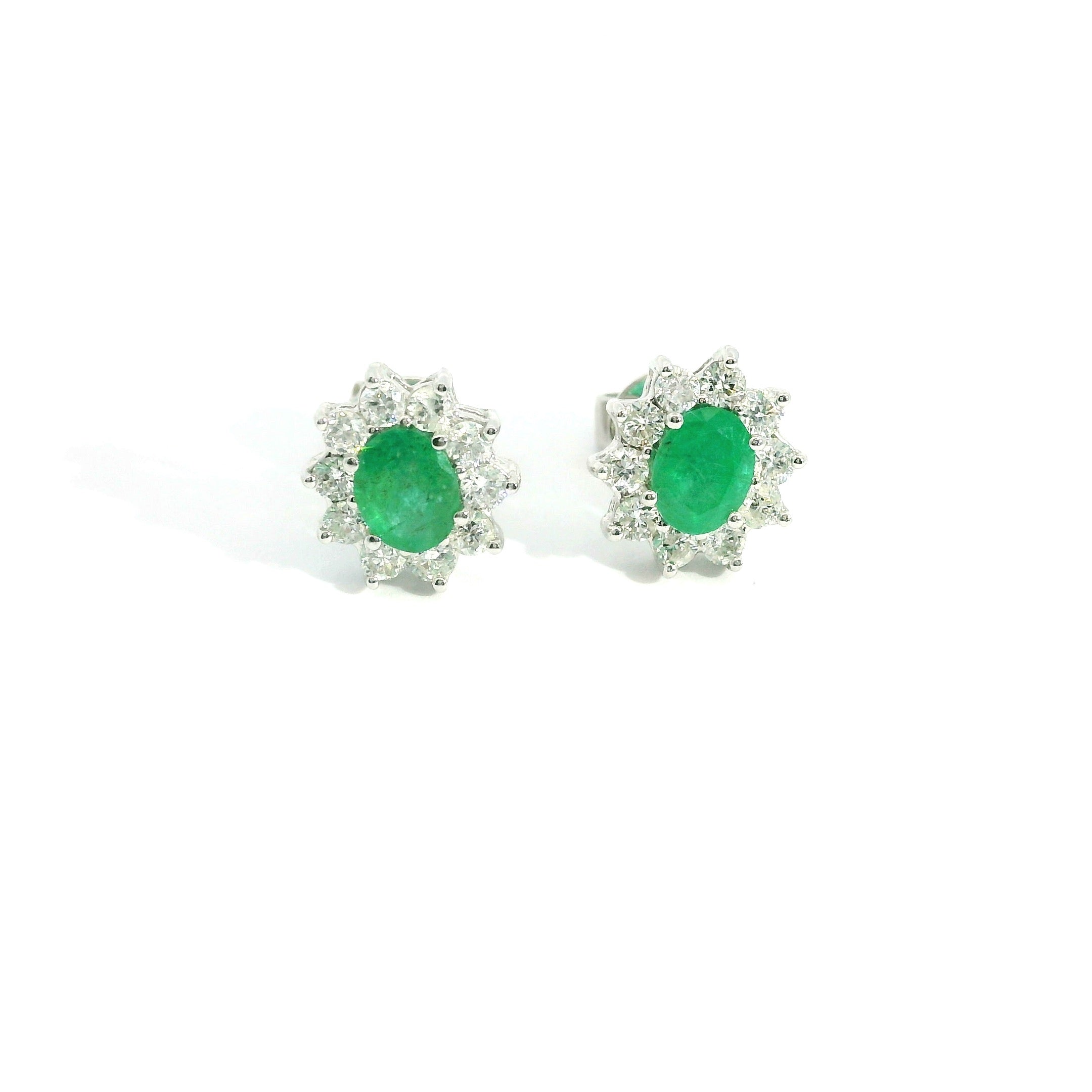 Oval Emerald Diamonds Flower Earring 18K WG 1.27 / D 0.51 / 0.59 / Oval Green Emerald and Round Brilliant Diamond Stud Earrings in White Gold